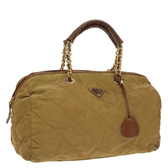 PRADA Chain Hand Bag Nylon Beige Gold Auth - Picture 1 of 15